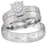 14kt White Gold His & Hers Round Natural Diamond Cluster Matching Bridal Wedding Ring Band Set 1/3 C