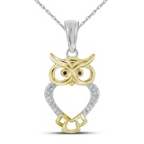 10kt Yellow Gold Womens Round Natural Diamond Owl Bird Animal Fashion Pendant 1/20 Cttw