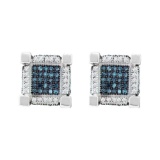10kt White Gold Womens Round Blue Colored Diamond 3D Cube Square Earrings 3/4 Cttw