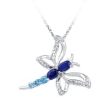 10kt White Gold Womens Oval Lab-Created Blue Sapphire Butterfly Bug Fashion Pendant 9/10 Cttw