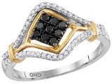 10kt Two-tone Gold Womens Round Black Colored Diamond Cluster Fashion Ring 3/8 Cttw