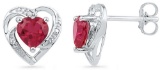 10kt White Gold Womens Round Lab-Created Ruby Heart Love Fashion Earrings 3/8 Cttw