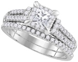 14kt White Gold Womens Princess Diamond Halo Bridal Wedding Engagement Ring Band Set 1.00 Cttw
