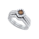14kt White Gold Womens Round Cognac-brown Colored Diamond Halo Bridal Wedding Engagement Ring Band S