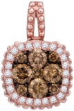 14kt Rose Gold Womens Round Brown Diamond Square Frame Cluster Pendant 1/2 Cttw