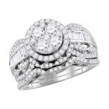 14kt White Gold Womens Round Diamond Cluster Halo Bridal Wedding Engagement Ring Band Set 1-3/8 Cttw