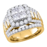 14kt Yellow Gold Womens Princess Diamond Cluster Halo Bridal Wedding Engagement Ring 3.00 Cttw