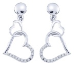 14kt White Gold Womens Round Diamond Linked Hearts Dangle Screwback Earrings 1/10 Cttw