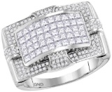 14kt White Gold Mens Princess Natural Diamond Wide Arched Cluster Fashion Ring 2.00 Cttw
