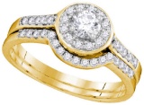 14kt Yellow Gold Womens Natural Diamond Round Halo Bridal Wedding Engagement Ring Band Set 1/2 Cttw