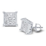 14kt White Gold Womens Princess Natural Diamond Invisible Cluster Fashion Earrings 1/4 Cttw