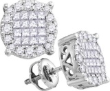 14kt White Gold Womens Princess Natural Diamond Soleil Cluster Fashion Earrings 1/2 Cttw