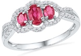 10kt White Gold Womens Oval Lab-Created Ruby 3-stone Diamond Frame Ring 7/8 Cttw