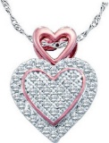 10kt White Gold Womens Round Diamond Rose-tone Heart Cluster Pendant 1/6 Cttw