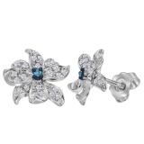 Sterling Silver Womens Round Blue Colored Diamond Pinwheel Cluster Earrings 1/5 Cttw