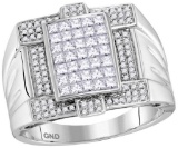 14kt White Gold Mens Princess Natural Diamond Square Cluster Fashion Ring 1 & 3/8 Cttw