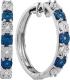 Sterling Silver Womens Round Blue Colored Diamond Hoop Earrings 1/10 Cttw