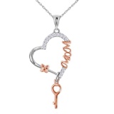 Sterling Silver Womens Round Diamond Rose-tone Mom Mother Heart Key Pendant 1/4 Cttw