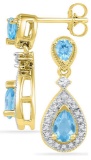 10k Yellow Gold Womens Teardrop Diamond Lab Blue Topaz Drop Earrings 1/6CT