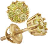 Yellow-tone Sterling Silver Womens Round Yellow Colored Diamond Flower Cluster Earrings 1/2 Cttw