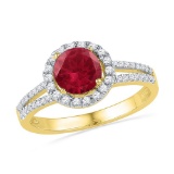 10kt Yellow Gold Womens Round Lab-Created Ruby Solitaire Diamond Halo Ring 1-5/8 Cttw