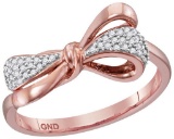 10kt Rose Gold Womens Round Natural Diamond Ribbon Bow Fashion Band Ring 1/8 Cttw