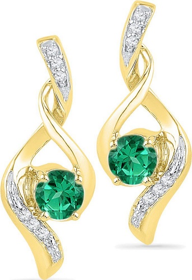 10kt Yellow Gold Womens Round Lab-Created Emerald Solitaire Diamond Earrings 1/3 Cttw