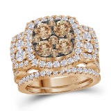 14kt Rose Gold Womens Round Brown Diamond Cluster Bridal Wedding Engagement Ring Band Set 3.00 Cttw