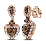 10kt Rose Gold Womens Round Cognac-brown Colored Diamond Heart Dangle Earrings 1.00 Cttw