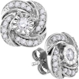 Womens 10K White Gold Fanook Stylish Flower Real Diamond Stud Earrings 1/3 CT