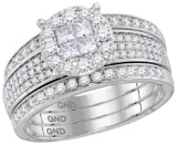 14kt White Gold Womens Princess Round Diamond Soleil Bridal Wedding Engagement Ring Band Set 1.00 Ct
