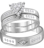 14kt White Gold His & Hers Round Diamond Heart Matching Bridal Wedding Ring Band Set 1/4 Cttw