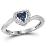 10kt White Gold Womens Round Blue Colored Diamond Heart Love Fashion Ring 1/10 Cttw