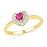 10kt Yellow Gold Womens Round Lab-Created Pink Sapphire Heart Love Fashion Ring 1/10 Cttw