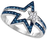 Sterling Silver Womens Round Blue Colored Diamond Double Star Ring 1/6 Cttw