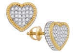 10kt Yellow Gold Womens Round Diamond Heart Rope Frame Cluster Earrings 7/8 Cttw