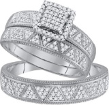10kt White Gold His & Hers Round Diamond Square Cluster Matching Bridal Wedding Ring Band Set 1/2 Ct