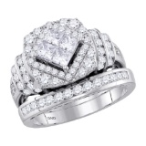 Womens 14K White Gold Princess Cushion Cluster Diamond Engagement Ring Set 2 CT