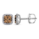 14kt White Gold Womens Colored Brown Diamond Square Cluster Earrings 2.00 Ct.t.w.