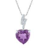 Sterling Silver Womens Heart Lab-Created Amethyst Solitaire Diamond-accent Pendant 4-1/10 Cttw