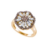 10k Rose Gold Womens Cognac-brown Colored Round Diamond Flower Cluster Fashion Ring 3/4 Cttw