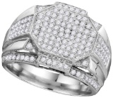 10kt White Gold Mens Round Diamond Polygon Octagon Cluster Ring 1-1/2 Cttw