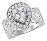 14kt White Gold Womens Round Diamond Teardrop Cluster Bridal Wedding Engagement Ring 1-3/8 Cttw