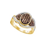 10kt Yellow Gold Womens Round Cognac-brown Colored Diamond Oval Frame Cluster Ring 1/2 Cttw