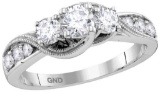 14kt White Gold Womens Round Diamond 3-stone Milgrain Bridal Wedding Engagement Ring 1.00 Cttw