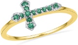 10kt Yellow Gold Womens Round Lab-Created Emerald Christian Cross Fashion Band Ring 1/8 Cttw