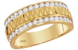 14kt Yellow Gold Mens Round Channel-set Diamond Grecco Textured Double Row Wedding Band Ring 1.00 Ct