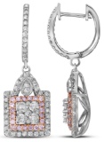14kt White Gold Womens Round Pink Diamond Square Cluster Dangle Earrings 1.00 Cttw