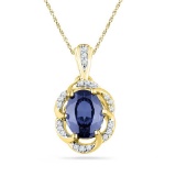 10kt Yellow Gold Womens Lab-Created Blue Sapphire Solitaire Diamond Fashion Pendant 1 & 3/4 Cttw