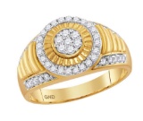 10kt Yellow Gold Mens Round Diamond Cluster Concentric Circle Ribbed Ring 3/4 Cttw
